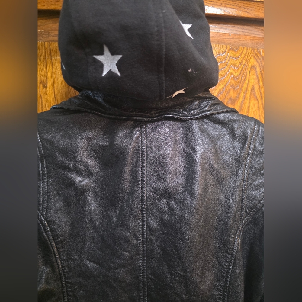 MAURITIUS DUFFI Moto Leather Jacket with Star Hoodie Size EUSmall/ US6 - Picture 8 of 16